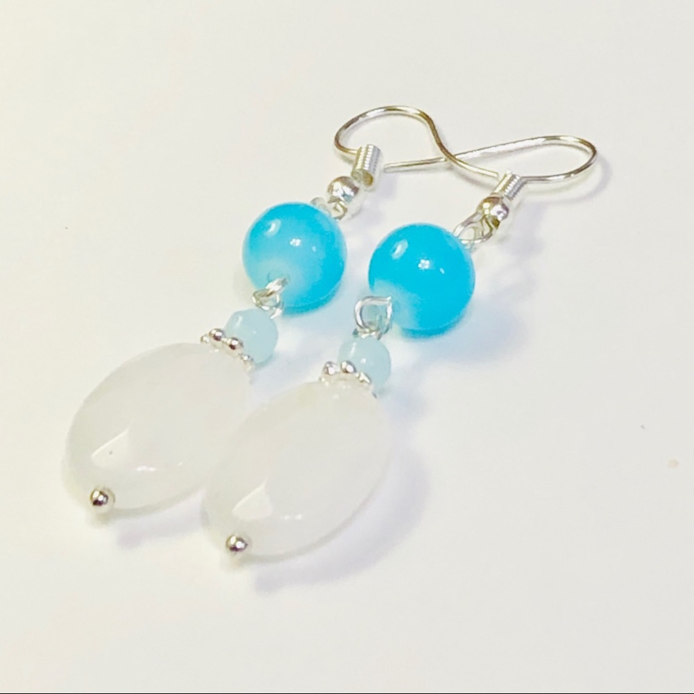 Crisp White Crystal  Oval, Turquoise & Small Aquamarine Colored Glass Earrings